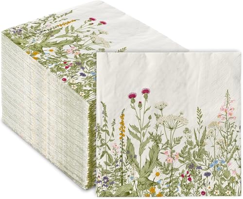 AnyDesign 80 Stück Blumen-Servietten Wildblumen-Einweg-Papierservietten, botanische grüne Blätter, Kräuter, Abendessen, Handserviette für Zuhause, Küche, Badezimmer, Partyzubehör, 16.5x16.5 cm von ChicRosa