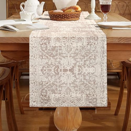 Chicamy Tischläufer Beige 33 x 183 cm Boho Tischläufer Vintage Landhausstil Abwaschbar Tischläufer Leinen Geometrie Türkischer Tischdecke Tischdekoration für Bauernhaus Tabletop Dekor von Chicamy