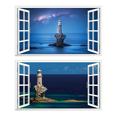 2Pcs Aussicht Leuchtturm weiß Meer Wandtattoo 3D Effekt XXL Wanddurchbruch Fenster Wandaufkleber für Junge Mädchen Kinderzimmer Groß 1000mmx600mm von Chicbanners