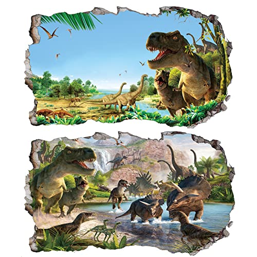 Chicbanners 2Pcs Dinosaurier Dino Urzeit T-rex Wandtattoo 3D Effekt Wandsticker XXL Wanddurchbruch Tiere Fenster Wandaufkleber für Kinderzimmer Jungenzimmer Groß 1000mmx580mm v09 von Chicbanners