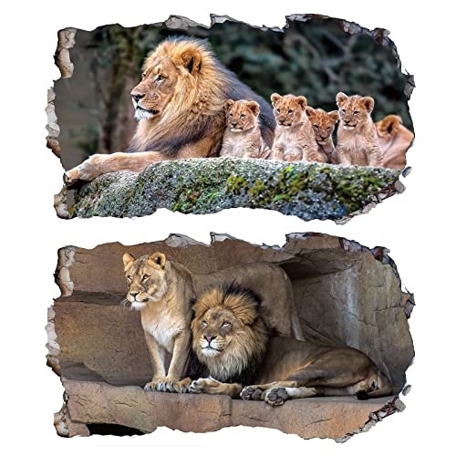 2Pcs Löwe und Löwin Wandtattoo 3D Effekt XXL Wanddurchbruch Fenster Wandaufkleber für Kinderzimmer Junge Mädchen Groß 1000mmx600mm von Chicbanners