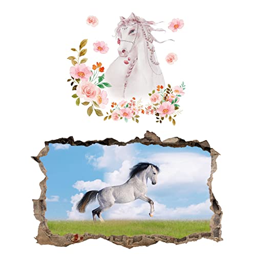 2Pcs Pferd Horse Schwarz Weiss Wandtattoo 3D Effekt XXL Wanddurchbruch Fenster Wandaufkleber für Junge Mädchen Kinderzimmer V04 1000 mm breit x 600 mm tief (groß) von Chicbanners