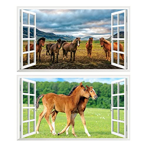 2Pcs Pferd Horse Schwarz Weiss Wandtattoo 3D Effekt XXL Wanddurchbruch Fenster Wandaufkleber für Junge Mädchen Kinderzimmer Groß V05 1000 mm breit x 600 mm tief (groß) von Chicbanners