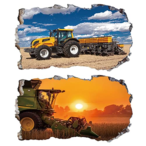 2Pcs Wandtattoo Traktor Trecker 3D Effekt XXL Farm Feld Landwirtschaft Wandaufkleber Fenster Selbstklebend für Junge Kinderzimmer Groß 1000mmx600mm v05 von Chicbanners