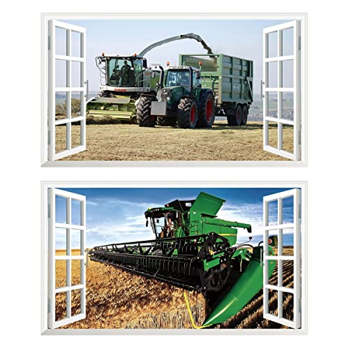 2Pcs Wandtattoo Mähdrescher Traktor Trecker 3D Effekt XXL V808 Landwirtschaft Wandaufkleber Fenster Selbstklebend für Junge Kinderzimmer Groß 1000mmx600mm von Chicbanners