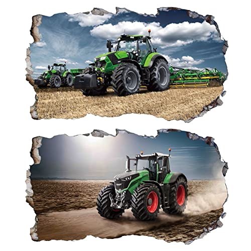 2Pcs Wandtattoo Traktor Trecker 3D Effekt XXL Farm Feld Landwirtschaft Wandaufkleber Fenster Selbstklebend für Junge Kinderzimmer Groß 1000mmx600mm v06 von Chicbanners