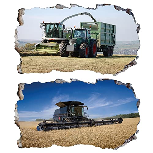 Chicbanners 2Pcs Wandtattoo Mähdrescher Traktor Trecker 3D Effekt XXL Farm Feld Landwirtschaft Wandaufkleber Fenster Selbstklebend für Junge Kinderzimmer Groß 1000mmx600mm von Chicbanners