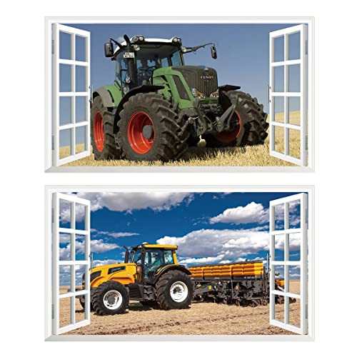 2Pcs Wandtattoo Traktor Trecker 3D Effekt XXL Farm Feld Landwirtschaft Wandaufkleber Fenster Selbstklebend für Junge Kinderzimmer v11 1000 mm breit x 600 mm tief (groß) von Chicbanners