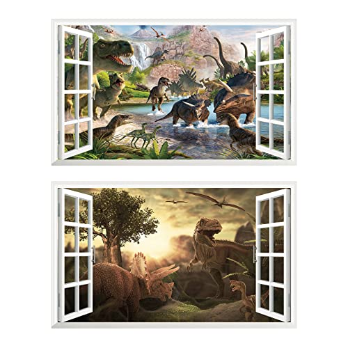 2Pcs Dinosaurier Dino Urzeit T-rex Wandtattoo 3D Effekt XXL Wanddurchbruch Fenster Wandaufkleber für Kinderzimmer Jungenzimmer Größe 1000 mm breit x 600 mm tief (groß) von Chicbanners