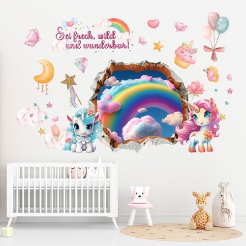 Wandtattoo Regenbogen Einhorn 3D Effekt XXL - Große Wandaufkleber Wolken mit Spruch - sei frech und wild und wunderbar - Wandsticker Wanddeko Geschenk für Mädchen Babyzimmer Kinderzimmer von Chicbanners