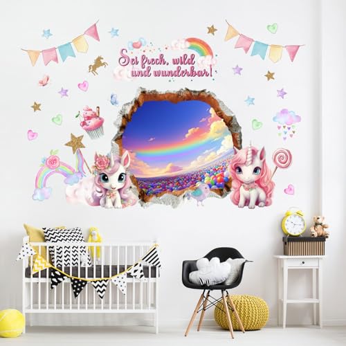 Wandtattoo Regenbogen Einhorn 3D Effekt XXL - Wandaufkleber Wolken mit Spruch - sei frech und wild und wunderbar - Große Wandsticker Wanddeko Geschenk für Mädchen Babyzimmer Kinderzimmer von Chicbanners