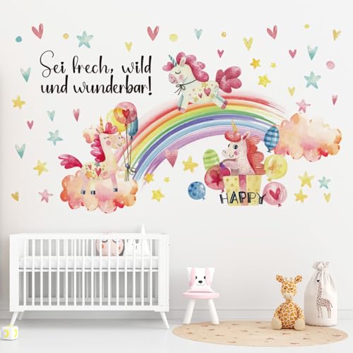 Wandtattoo Regenbogen Einhorn - Wandaufkleber Wolken mit Spruch - sei frech und wild und wunderbar - Wandsticker Wanddeko Geschenk für Mädchen Babyzimmer Kinderzimmer Schlafzimmer von Chicbanners