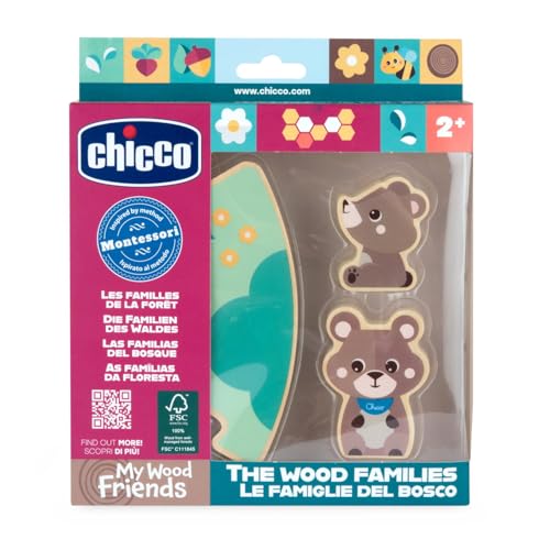 Chicco Holzfiguren My Wood Friends, Sinnesspiel aus Holz, 2 Bären, 1 Puzzleteil, inspiriert von der Montessori-Methode, sammelbar, leicht und einfach zu greifen, zum Geschichtenerzählen, ab 2 Jahren von Chicco