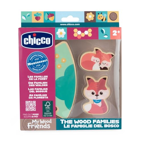 Chicco Holzfiguren My Wood Friends, Sinnesspiel aus Holz, 2 Füchse, 1 Puzzleteil, inspiriert von der Montessori-Methode, sammelbar, leicht und einfach zu greifen, zum Geschichtenerzählen, ab 2 Jahren von Chicco