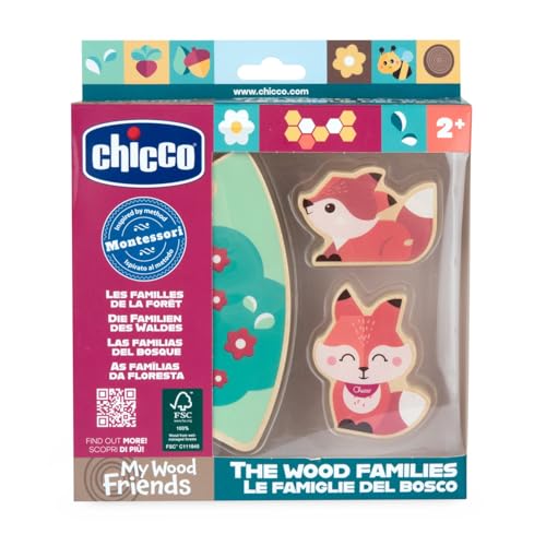 Chicco Holzfiguren My Wood Friends, Sinnesspiel aus Holz, 2 Füchse, 1 Puzzleteil, inspiriert von der Montessori-Methode, sammelbar, leicht und einfach zu greifen, zum Geschichtenerzählen, ab 2 Jahren von Chicco