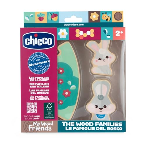 Chicco Holzfiguren My Wood Friends, Sinnesspiel aus Holz, 2 Hasen, 1 Puzzleteil, inspiriert von der Montessori-Methode, sammelbar, leicht und einfach zu greifen, Geschichten erfinden, ab 2 Jahren von Chicco