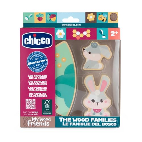 Chicco Holzfiguren My Wood Friends, Sinnesspiel aus Holz, 2 Hasen, 1 Puzzleteil, inspiriert von der Montessori-Methode, sammelbar, leicht und einfach zu greifen, Geschichten erfinden, ab 2 Jahren von Chicco