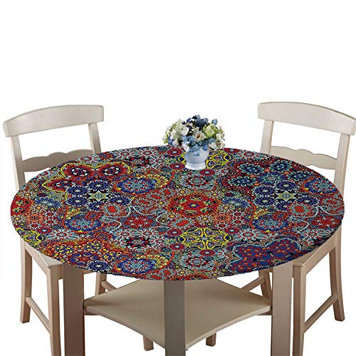 Chickw1 Runde Tischdecke Wasserdicht Antifouling mit Elastische Kante, Exotische Mandala Blume Druck Tischschoner, Tischtuch aus Polyester für Küche, Esszimmer, Garten (Blume,Durchmesser 180cm) von Chickwin-Shop