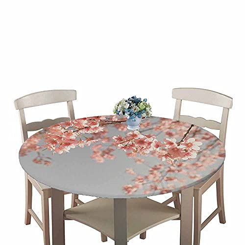 Chickw1 Tischdecke Runde Wasserdicht Abwaschbar Blumenmuster Tischschoner Elastische Kante, Tischtuch aus Polyester für Küche, Esszimmer, Garten, Balkon (Pfirsichblüte,100cm) von Chickwin-Shop