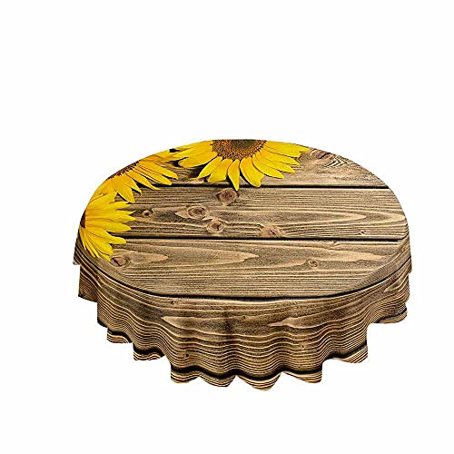 Chickw1 Tischdecke Runde Wasserdicht Abwaschbar Holzmaserung Bedruckte Tischschoner Fleckschutz, Tischtuch aus Polyester für Küche,Esszimmer,Garten oder Camping (Gelbe Sonnenblume,200cm) von Chickwin-Shop