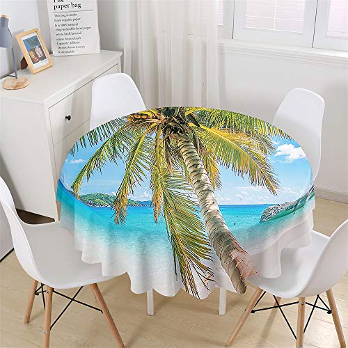 Chickw1 Tischdecke Runde Wasserdicht Abwaschbar Wellenmuster am Meer Bedruckte Tischschoner Fleckschutz, Tischtuch aus Polyester für Küche, Esszimmer, Garten oder Camping (Kokosnussbaum,120cm) von Chickwin-Shop