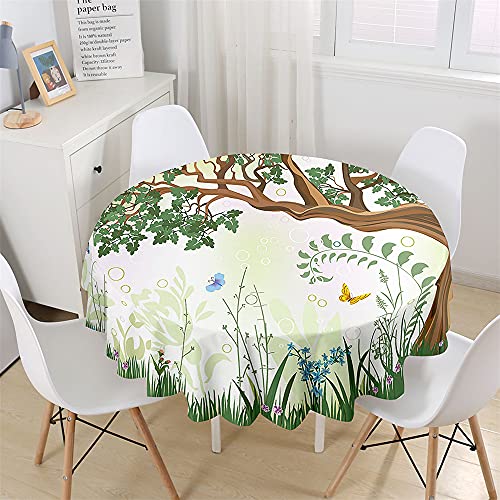 Chickw1 Wasserdicht Tischdecke Runde Abwaschbar, 3D Schmetterling Blumen Bedruckte Tischdecken,Tischtuch aus Polyester, Tischdekoration Benutzt für Küche, Esszimmer, Garten (Grüner Frühling,120cm) von Chickwin-Shop