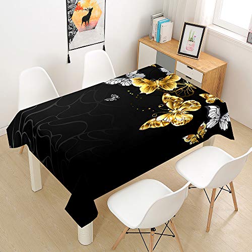 Chickw1 Rechteckig Luxus Tischdecke Abwaschbar Wasserdicht aus Polyester Lotuseffekt Pflegeleicht Goldener Schmetterling Bedruckte Tischtuch für Home Küche Garten (Schwarz,100x140cm) von Chickwin-Shop