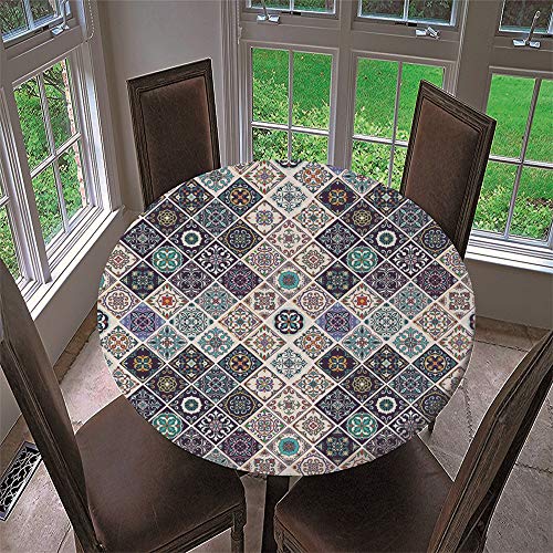 Chickw1 Runde Tischdecke Wasserdicht Marokko Mosaik Muster Gedruckte Tischschoner Elastische Kante, Tischtuch aus Polyester für Küche, Esszimmer, Garten, Camping (A,Durchmesser 90cm) von Chickwin-Shop