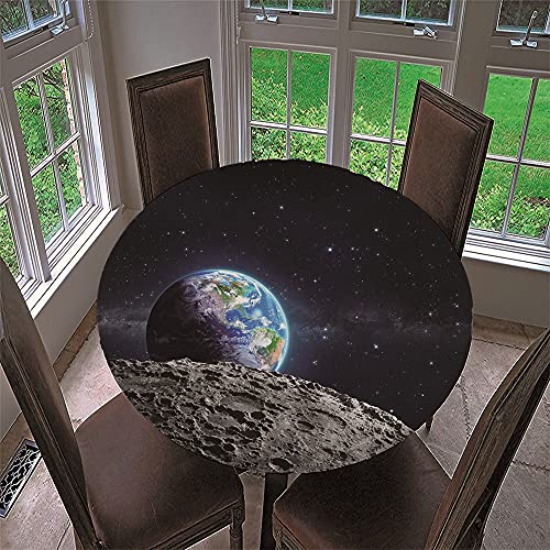 Chickw1 Tischdecke Runde Wasserdicht Abwaschbar 3D-Planetendruck Tischschoner Elastische Kante, Tischtuch aus Polyester für Küche, Esszimmer, Garten, Balkon (Mondoberfläche,100cm) von Chickwin-Shop