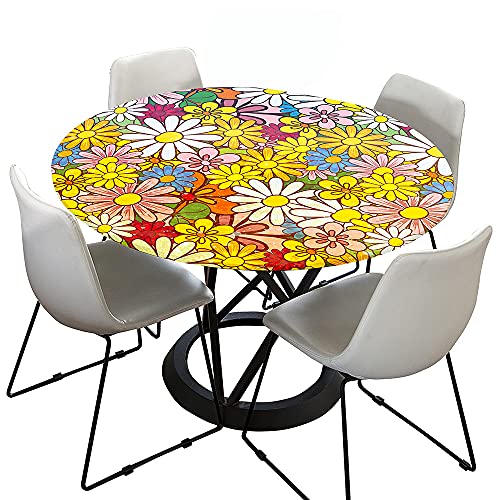 Tischdecke Abwaschbar Rund 150cm, Elastisch Lotuseffekt Tischdecke Outdoor 3D-Druck Tischdecken Daisy Table Cloth für Garten Restaurant, Ideal für 130cm-140cm von Chickwin-Shop