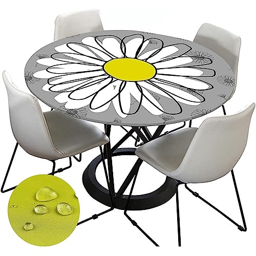 Chickwin-Shop Tischdecke Abwaschbar Rund 120cm, Elastisch Lotuseffekt Tischdecke Outdoor 3D-Druck Weiß Tischdecken Daisy Table Cloth für Garten Restaurant, Ideal für 100cm-110cm von Chickwin-Shop