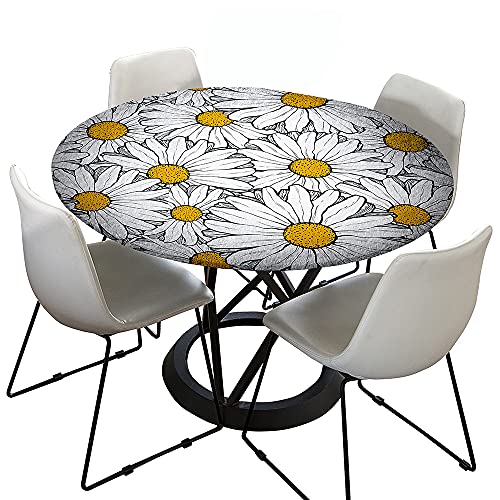 Tischdecke Abwaschbar Rund 100cm, Elastisch Lotuseffekt Tischdecke Outdoor 3D-Druck Tischdecken Daisy Table Cloth für Garten Restaurant, Ideal für 80cm-90cm von Chickwin-Shop