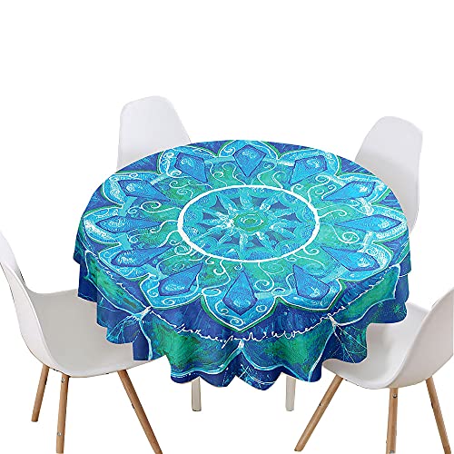 Chickw1 Tischdecke Runde Wasserdicht Abwaschbar Mandala-Muster Bedruckte Tischschoner Fleckschutz,Tischtuch aus Polyester für Küche,Esszimmer,Garten,Balkon oder Camping (Blaugrüne Blume,120cm) von Chickwin-Shop