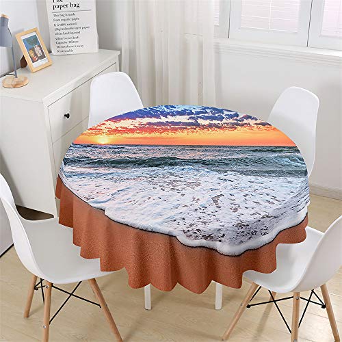 Chickw1 Tischdecke Runde Wasserdicht Abwaschbar Wellenmuster am Meer Bedruckte Tischschoner Fleckschutz, Tischtuch aus Polyester für Küche, Esszimmer, Garten oder Camping (Sonnenuntergang,200cm) von Chickwin-Shop