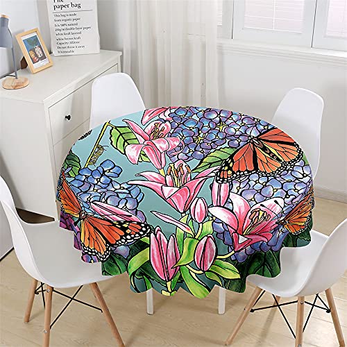 Chickw1 Wasserdicht Tischdecke Runde Abwaschbar, 3D Schmetterling Blumen Bedruckte Tischdecken,Tischtuch aus Polyester, Tischdekoration Benutzt für Küche, Esszimmer, Garten (Lilie,120cm) von Chickwin-Shop