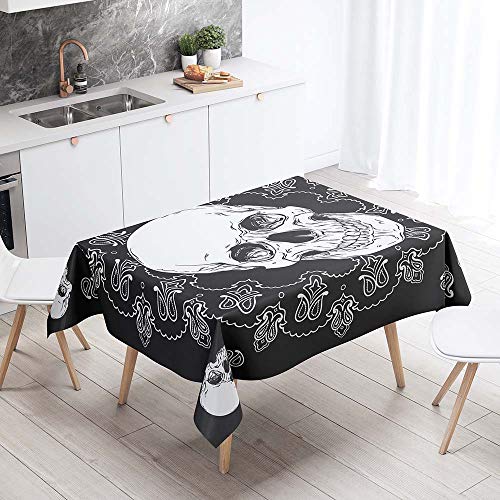 Chickw1 Tischdecke Abwaschbar, Wasserdicht Polyester Rechteckig Fleckschutz Abwaschbar Pflegeleicht Mehrzweck Schwarz Horrorschädel Gartentischdecke Outdoor Garten Deko (Weißer Bohemian,140 * 160cm) von Chickwin