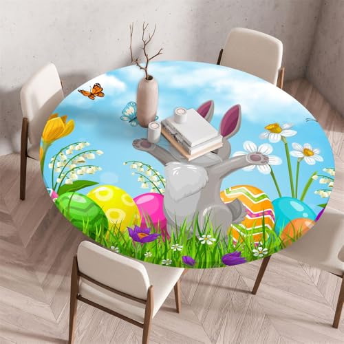 Chickwin Ostern Tischdecke Rund Frühlings-Osterei-Muster Dekorative Tischdecke mit Elastisches Band, Abwaschbar Wasserdicht Polyester Tischabdeckung für Garten Picknick Party (Blau 4,60cm) von Chickwin