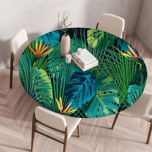 Chickwin Rund Tischdecke Outdoor Gartentischdecke Abwischbar Grün Monstera Palmenblätter Wasserdicht Fleckschutz Anti-Rutsch Indoor Outdoor Tischdecke mit Gummiband (Tropische Pflanzen 7,100cm) von Chickwin