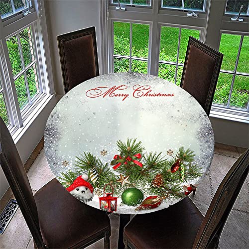 Chickwin Runde Weihnachten Tischdecke Wasserdicht Weihnachts-Anhänger Muster Tischtuch mit Elastische Kante aus Polyester Xmas Dekoration für Küche, Esszimmer, Garten (100cm,weißer Winter) von Chickwin