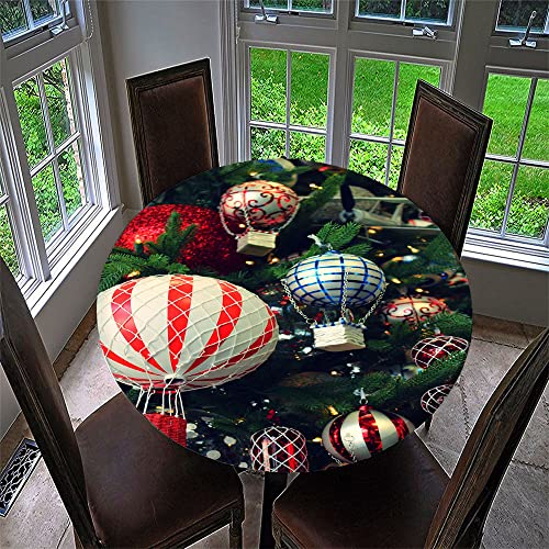 Chickwin Runde Weihnachten Tischdecke Wasserdicht Weihnachts-Anhänger Muster Tischtuch mit Elastische Kante aus Polyester Xmas Dekoration für Küche, Esszimmer, Garten (150cm,Heißluftballon) von Chickwin