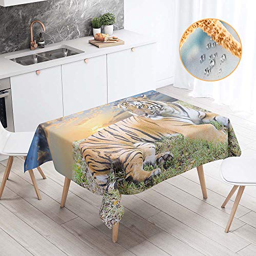 Chickw1 Tischdecke Abwaschbar Polyester, 3D Tiger Tier Drucken Rechteckig Pflegeleicht Wasserdicht Fleckschutz Ölfest für Draußen Garten Tischdek Decoration (140x240cm,Gras Tiger) von Chickwin