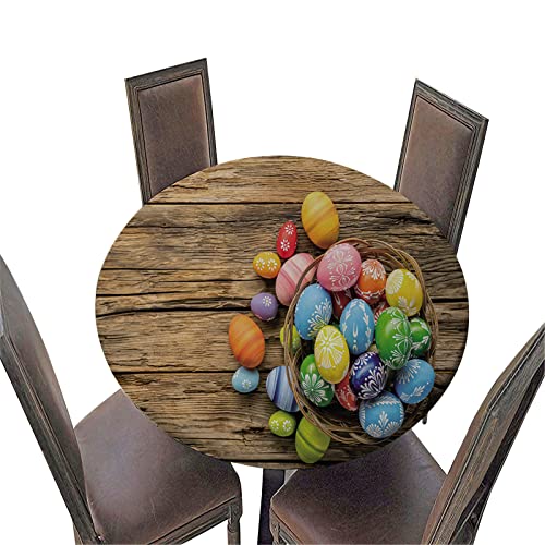 Chickwin Tischdecke Easter 3D Ostereier Drucken Tischdecken Rund Elastisch Abwaschbar Wasserdicht Tischtuch Schutztischdecke für Küche Outdoor Garten (Durchmesser 130cm,Holzbrett) von Chickwin