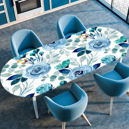 Chickwin Tischdecke Oval Abwaschbar 3D Blumen Bedruckte Tischschoner Elastische Kante, Tischtuch aus Polyester für Küche Esszimmer Garten Balkon Camping (Blaue Rose,107x152cm) von Chickwin