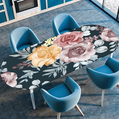 Chickwin Tischdecke Oval Abwaschbar 3D Blumen Bedruckte Tischschoner Elastische Kante, Tischtuch aus Polyester für Küche Esszimmer Garten Balkon Camping (Chinesische Blume,107x152cm) von Chickwin