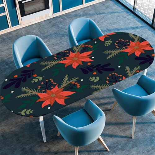 Chickwin Tischdecke Oval Abwaschbar 3D Blumen Bedruckte Tischschoner Elastische Kante, Tischtuch aus Polyester für Küche Esszimmer Garten Balkon Camping (Weihnachtsstern,114x142cm) von Chickwin