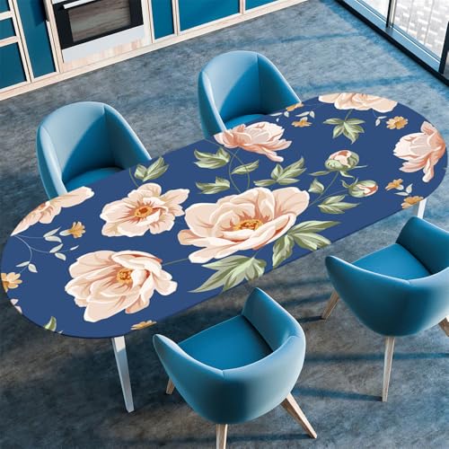 Chickwin Tischdecke Oval Abwaschbar 3D Blumen Bedruckte Tischschoner Elastische Kante, Tischtuch aus Polyester für Küche Esszimmer Garten Balkon Camping (rosa Blume,107x173cm) von Chickwin