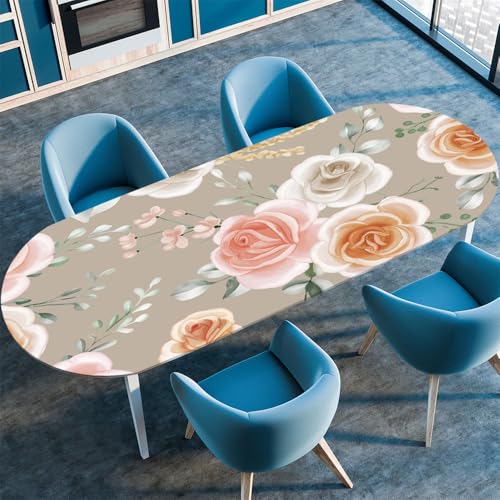 Chickwin Tischdecke Oval Abwaschbar 3D Blumen Bedruckte Tischschoner Elastische Kante, Tischtuch aus Polyester für Küche Esszimmer Garten Balkon Camping (rosa Rose,107x165cm) von Chickwin