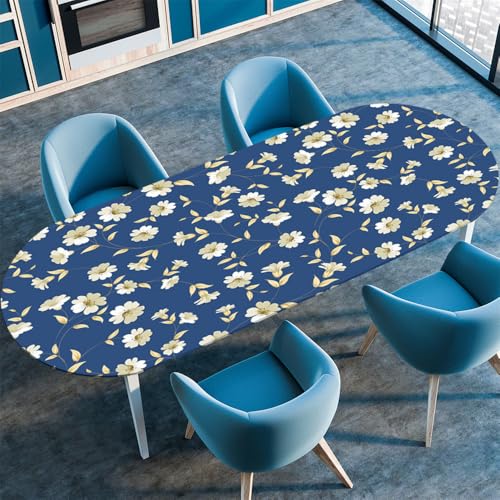 Chickwin Tischdecke Oval Abwaschbar 3D Blumen Bedruckte Tischschoner Elastische Kante, Tischtuch aus Polyester für Küche Esszimmer Garten Balkon Camping (weiß geblümt,91x152cm) von Chickwin