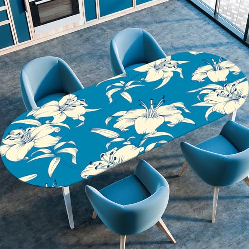 Chickwin Tischdecke Oval Abwaschbar 3D Blumen Bedruckte Tischschoner Elastische Kante, Tischtuch aus Polyester für Küche Esszimmer Garten Balkon Camping (weiße Lilienblume,107x152cm) von Chickwin