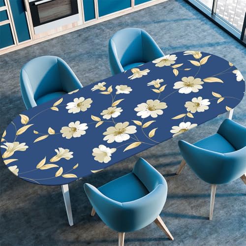 Chickwin Tischdecke Oval Abwaschbar 3D Blumen Bedruckte Tischschoner Elastische Kante, Tischtuch aus Polyester für Küche Esszimmer Garten Balkon Camping (weiße Magnolienblüte,107x152cm) von Chickwin